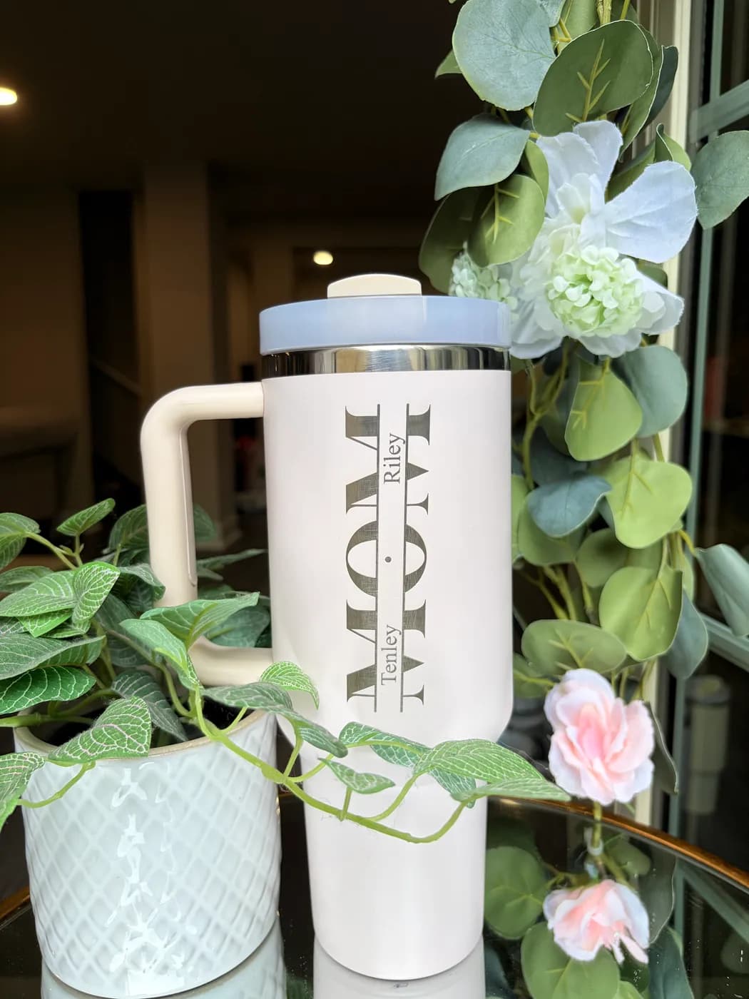 Stanley Quencher 40oz in Rose Quartz with a script name