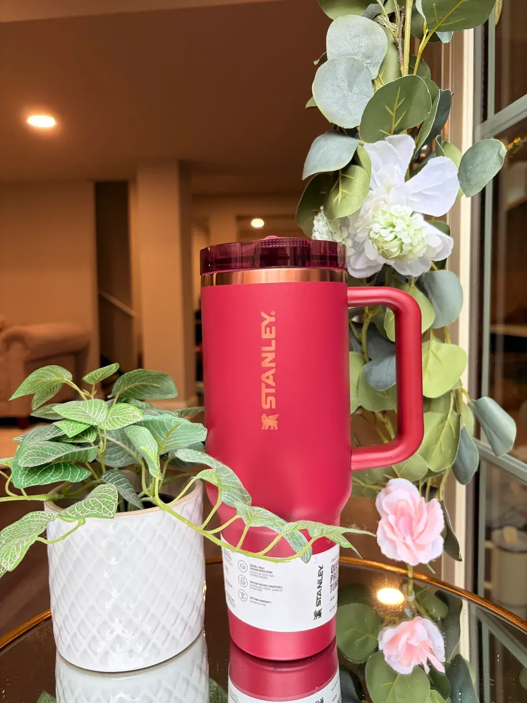 Stanley 40oz Gilded Flip Straw in Pomegranate, ready for laser engraving