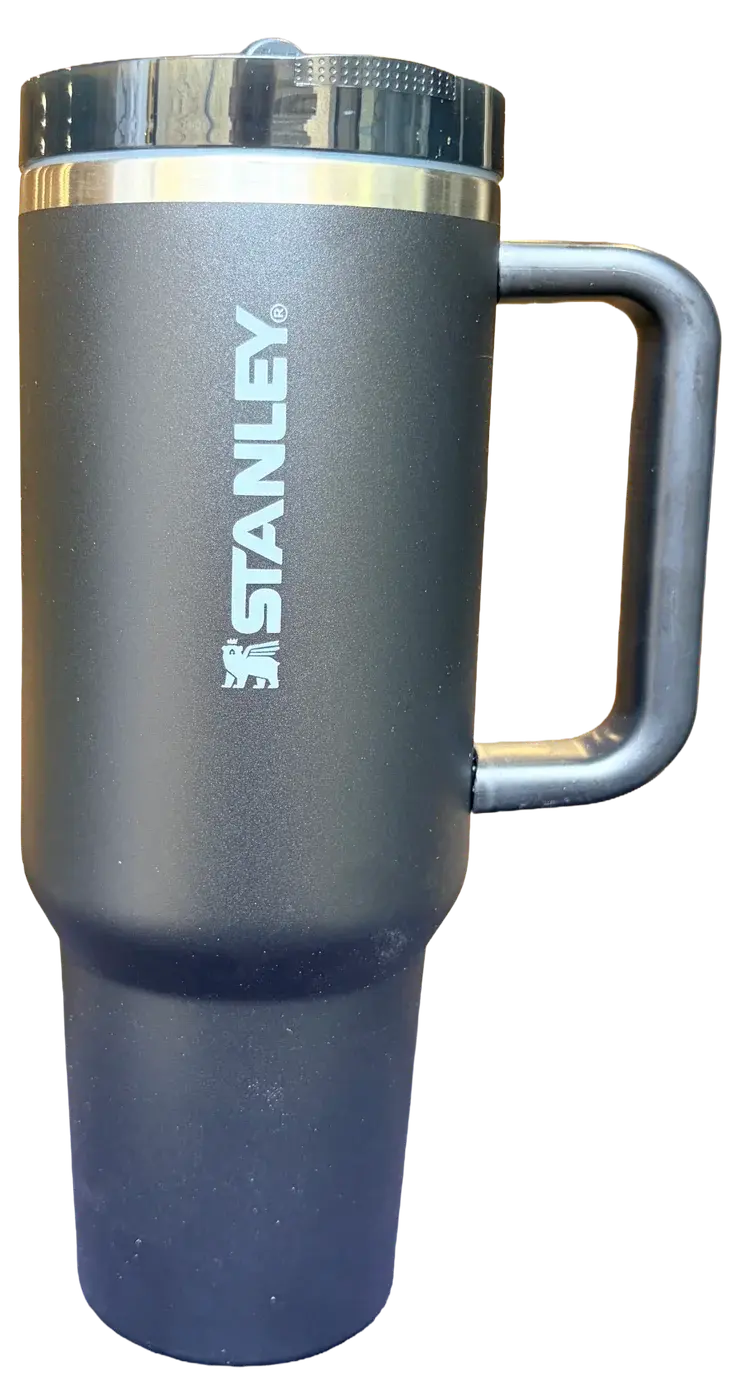 Stanley 40oz Flip Straw Tumbler in Black, ready for laser engraving